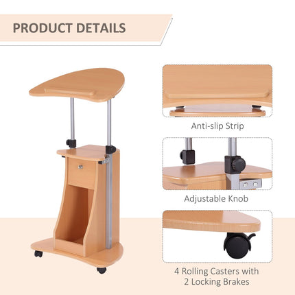 Sit-to-Stand Mobile Laptop Cart with Drawer Height Adjustable Beech Wood, HOMCOM