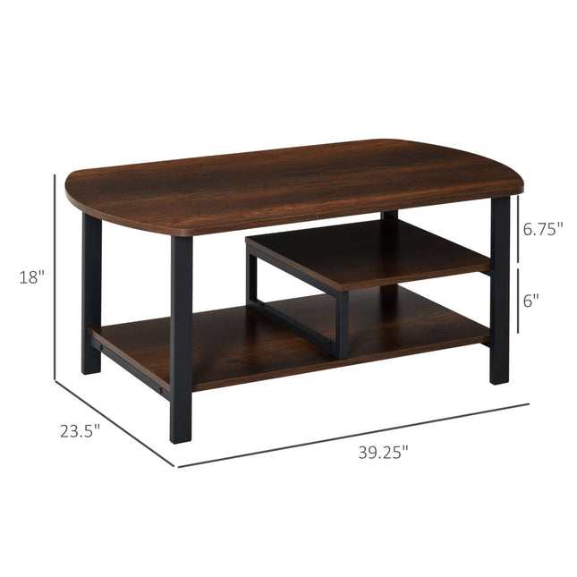 Vintage Industrial Coffee Table with Under-Top Storage Shelves and Rounded Corners, Dark Wood Color, HOMCOM, 2