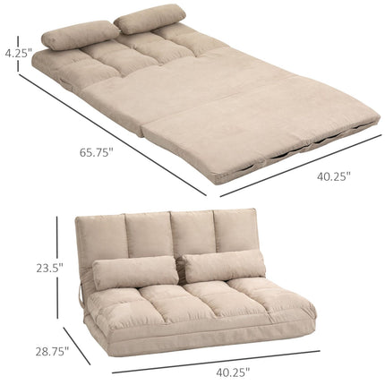 Sofa Bed Beige Convertible Floor Folding Couch Adjustable Metal Frame with Pillows, HOMCOM, 2