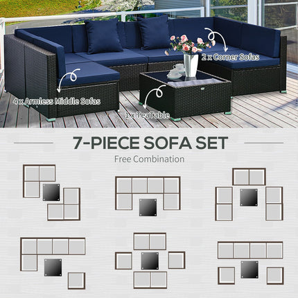 7-Piece Rattan Couch, Outdoor Patio Furniture Set, with Removable Cushions and Ottoman, Glass Coffee Table, Outsunny, 3