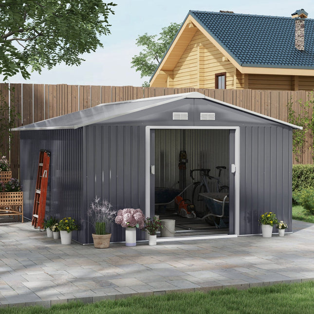 Metal Storage Shed, 13 x 11 inch, Garden Tool House with Double Sliding Doors, 4 Air Vents Dark Gray, Outsunny, 1