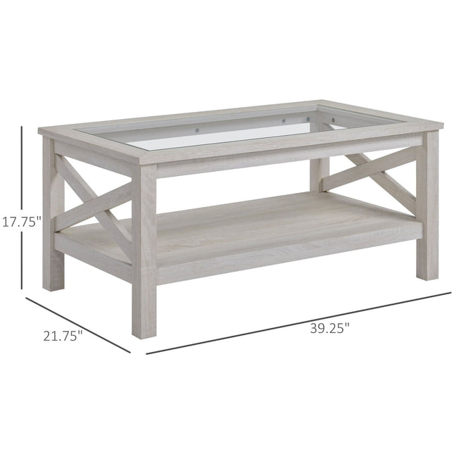 Farmhouse Coffee Table with Storage Shelf Tempered Glass Top White Oak for Living Room, HOMCOM, 2