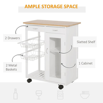 Rolling Kitchen Island Cart on Wheels, Portable Kitchen Island Cart with Shelf and storage, White, HOMCOM, 3