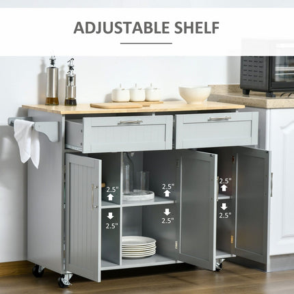 48inch Kitchen Island Cart Rolling, Gray with Storage Drawers, Adjustable Shelves, HOMCOM, 4