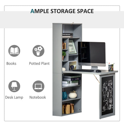 Wall Mounted Table Foldable Desk With Blackboard And Side Shelf, Multi-Function Computer Office Workstation, Gray, HOMCOM