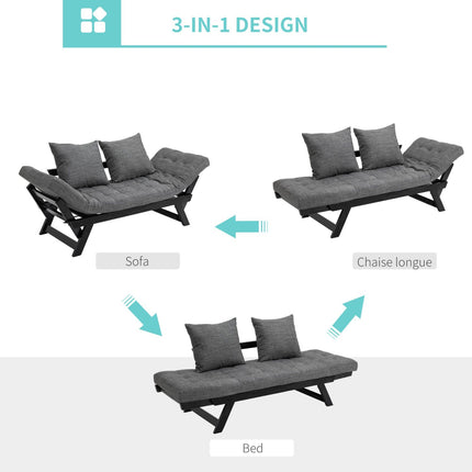 Single Person 3 Position Convertible Chaise Lounger Sofa Bed with 2 Large Pillows, Dark Charcoal Grey, HOMCOM, 3