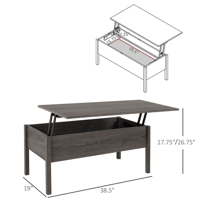 Modern Lift Top Coffee Table with Hidden Storage Light Grey Woodgrain for Stylish Living Room, HOMCOM, 2