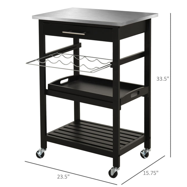 Versatile Kitchen Rover, Black Rolling Island with Stainless Top, Wine Rack & Shelves, HOMCOM, 2