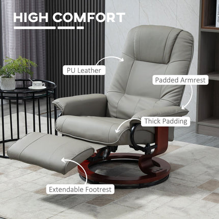 Adjustable Swivel Recliner Armchair, Faux Leather Manual Recliner with Footrest, Armrest and Wood Base, Gray, HOMCOM