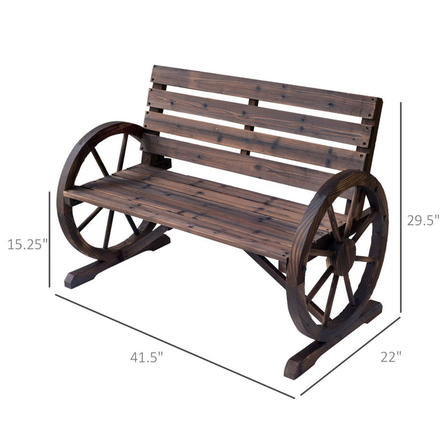 Wagon Wheel Bench Rustic 2-Person Outdoor Patio Carbonized Finish with Backrest, Outsunny, 2