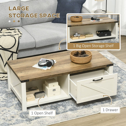 Farmhouse Coffee Table Drawer Storage Open Shelf White Oak for Modern Living Room, HOMCOM, 3