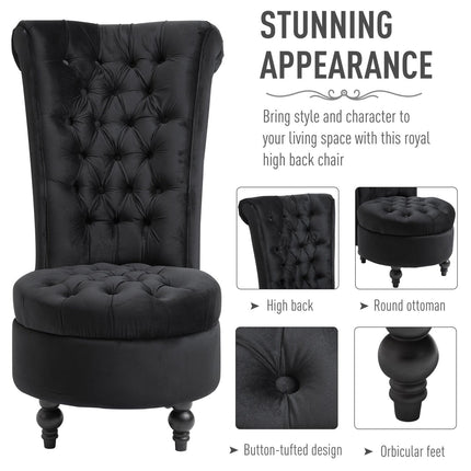 High Back Chair Armless Throne Upholstered Button-Tufted Design with Rubberwood Legs Black, HOMCOM, 3