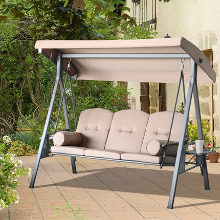 Patio Swing Bench 3-Person Steel Canopy Cushioned with Side Trays Comfortable Brown, Outsunny, 1