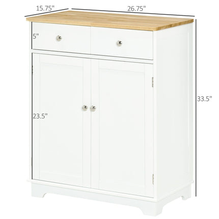 Kitchen Storage Cabinet, Sideboard Floor Cupboard with Solid Wood Top, Adjustable Shelf & 2 Drawers Hallway, White, HOMCOM, 2