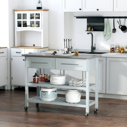 , 1Utility Trolley Cart Gray with 2 Drawers Stainless Steel Top Rolling Kitchen Island, HOMCOM