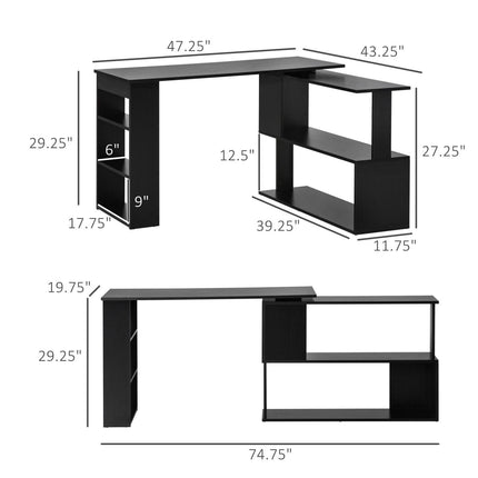 Black L-Shaped Desk, Rotating Home Office Corner Computer Desk with Storage, HOMCOM, 2