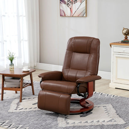 Faux Leather Manual Recliner Chair, Adjustable Swivel Lounge Chair with Footrest, Armrest and Wrapped Wood Base, Brown, HOMCOM, 1