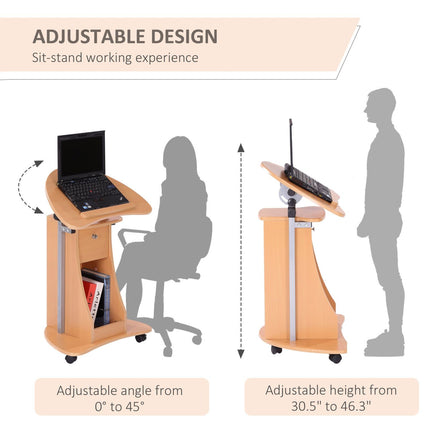 Sit-to-Stand Mobile Laptop Cart with Drawer Height Adjustable Beech Wood, HOMCOM, 3