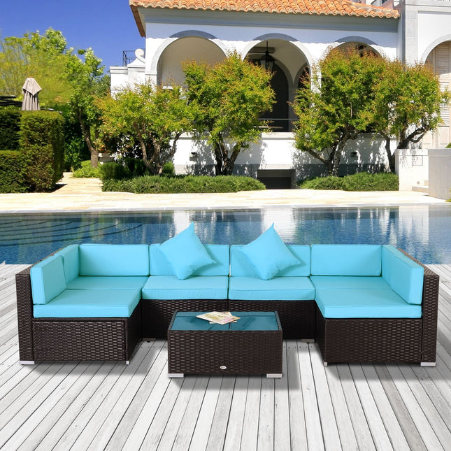 7-Piece Wicker Patio Conversation Set with Cushions & Glass Table, Turquoise, Outsunny, 1