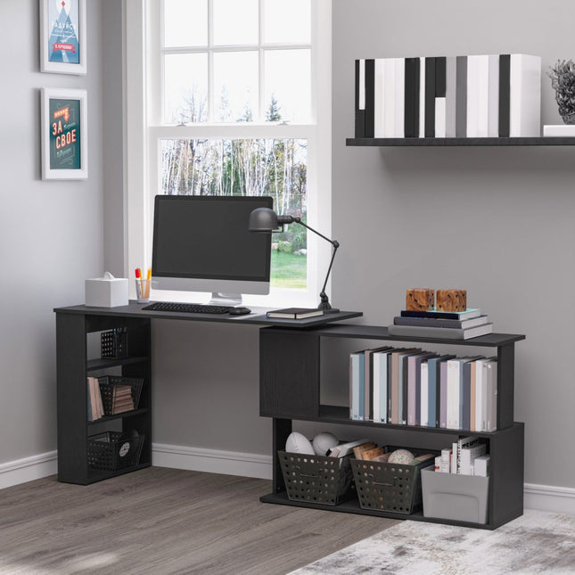 Black L-Shaped Desk, Rotating Home Office Corner Computer Desk with Storage, HOMCOM, 1