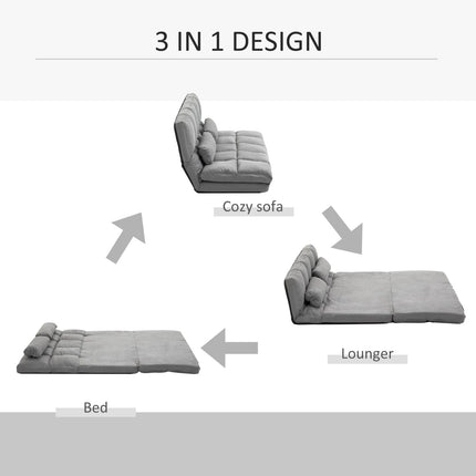 Folding Upholstered Couch Bed Gray Convertible Floor Sofa Chair Metal Frame Pillows, HOMCOM, 3