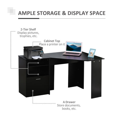 L-Shaped Computer Desk with Printer Cabinet Corner Study Workstation Black, HOMCOM