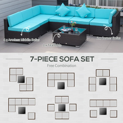 7-Piece Wicker Patio Conversation Set with Cushions & Glass Table, Turquoise, Outsunny, 3