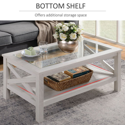 Farmhouse Coffee Table with Storage Shelf Tempered Glass Top White Oak for Living Room, HOMCOM