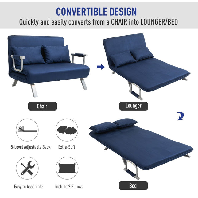 Sleeper Chair Bed Convertible Sofa 5 Position Adjustable Armchair with Pillows Blue, HOMCOM, 3