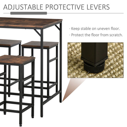 Industrial Dining Set Rustic Brown Black Bar Table 4 Stools Space Saving Pub Kitchen, HOMCOM