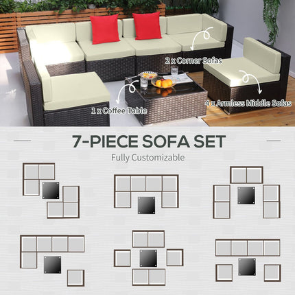 7 Piece Outdoor Patio Furniture Set Rattan Sectional Sofa with White Cushions for Backyard Garden, Outsunny