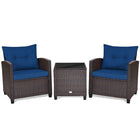 Patio Rattan Furniture Set Cushioned Conversation Set Coffee Table, Navy, 3 Pcs , Costway, 1