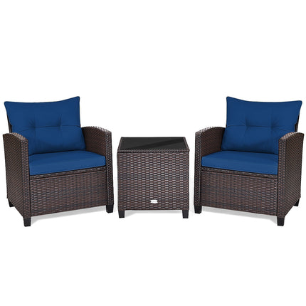 Patio Rattan Furniture Set Cushioned Conversation Set Coffee Table, Navy, 3 Pcs , Costway, 4