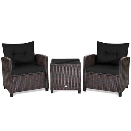 Patio Rattan Furniture Set Cushioned Conversation Set Coffee Table, Black, 3 Pcs , Costway, 1