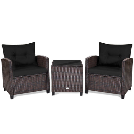 Patio Rattan Furniture Set Cushioned Conversation Set Coffee Table, Black, 3 Pcs , Costway, 4