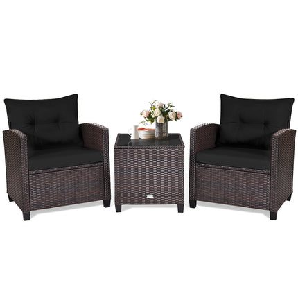 Patio Rattan Furniture Set Cushioned Conversation Set Coffee Table, Black, 3 Pcs , Costway, 5