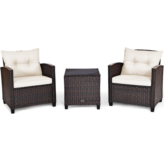 Patio Rattan Furniture Set Cushioned Conversation Set Coffee Table, 3 Pcs , Costway, 1