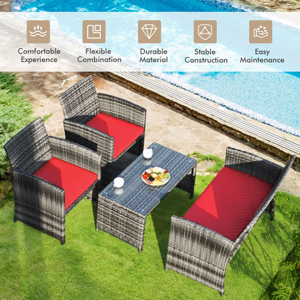 Patio Rattan Furniture Set with Cushions, Red, 4 Pieces , Costway, 7