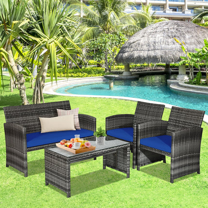 Patio Rattan Furniture Set with Glass Table and Loveseat, Navy, 4 Pieces , Costway, 3