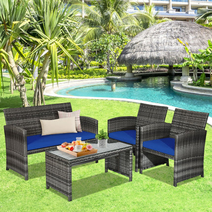 Patio Rattan Furniture Set Conversation Glass Table Top Sofa Cushioned Navy, 4PCS , Costway, 2