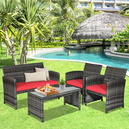 Patio Rattan Conversation Glass Table Top Cushioned Sofa Red, 4PCS , Costway, 2