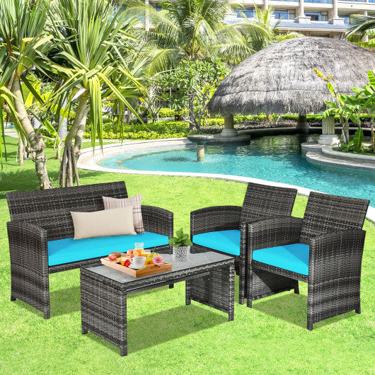 Patio Rattan Furniture Set with Cushions, Turquoise, 4 Pieces , Costway, 2