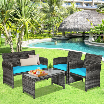 Patio Rattan Furniture Set Conversation Glass Table Top Cushioned Sofa Outdoor Turquoise, 4PCS , Costway, 2