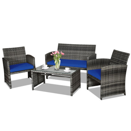 Patio Rattan Furniture Set Conversation Glass Table Top Sofa Cushioned Navy, 4PCS , Costway, 4