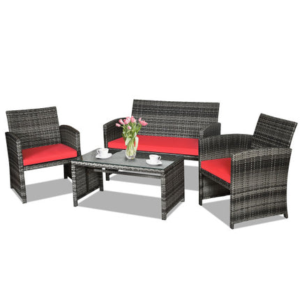 Patio Rattan Conversation Glass Table Top Cushioned Sofa Red, 4PCS , Costway, 4