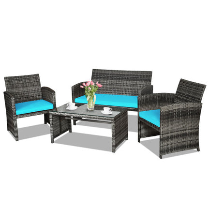 Patio Rattan Furniture Set Conversation Glass Table Top Cushioned Sofa Outdoor Turquoise, 4PCS , Costway, 4