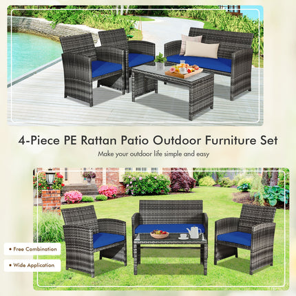 Patio Rattan Furniture Set with Glass Table and Loveseat, Navy, 4 Pieces , Costway, 9