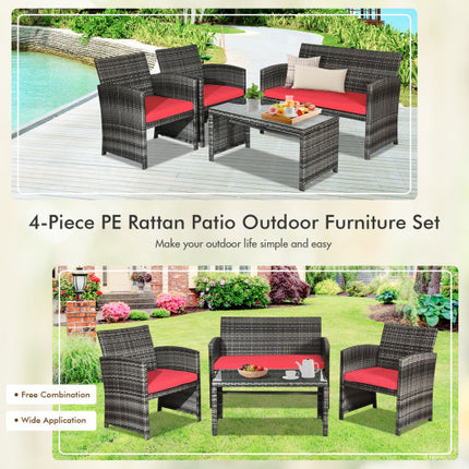 Patio Rattan Conversation Glass Table Top Cushioned Sofa Red, 4PCS , Costway