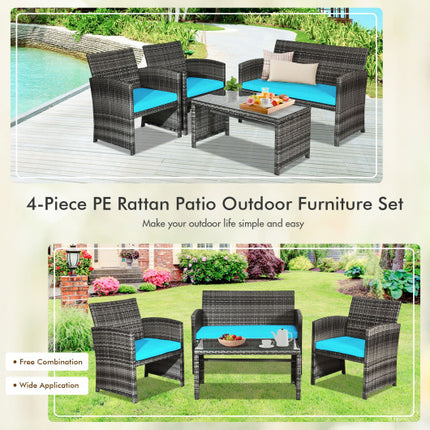 Patio Rattan Furniture Set Conversation Glass Table Top Cushioned Sofa Outdoor Turquoise, 4PCS , Costway