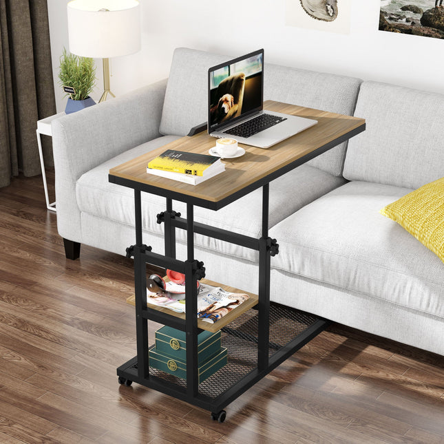 C Table, Mobile Snack Side Table with Tiltable Drawing Board, Oak